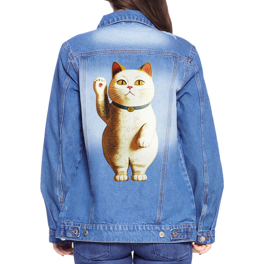 Japanese Cat Women's Casual Denim Jacket - Cute Kawaii Ladies Denim Jacket - Unique Denim Jacket