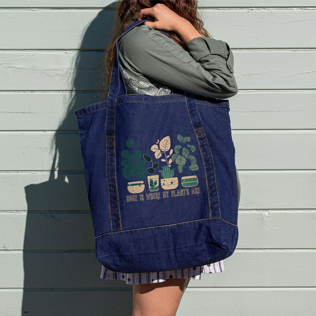 Plant Illustration Denim Tote Bag - Quote Shopping Bag - Graphic Art Tote Bag