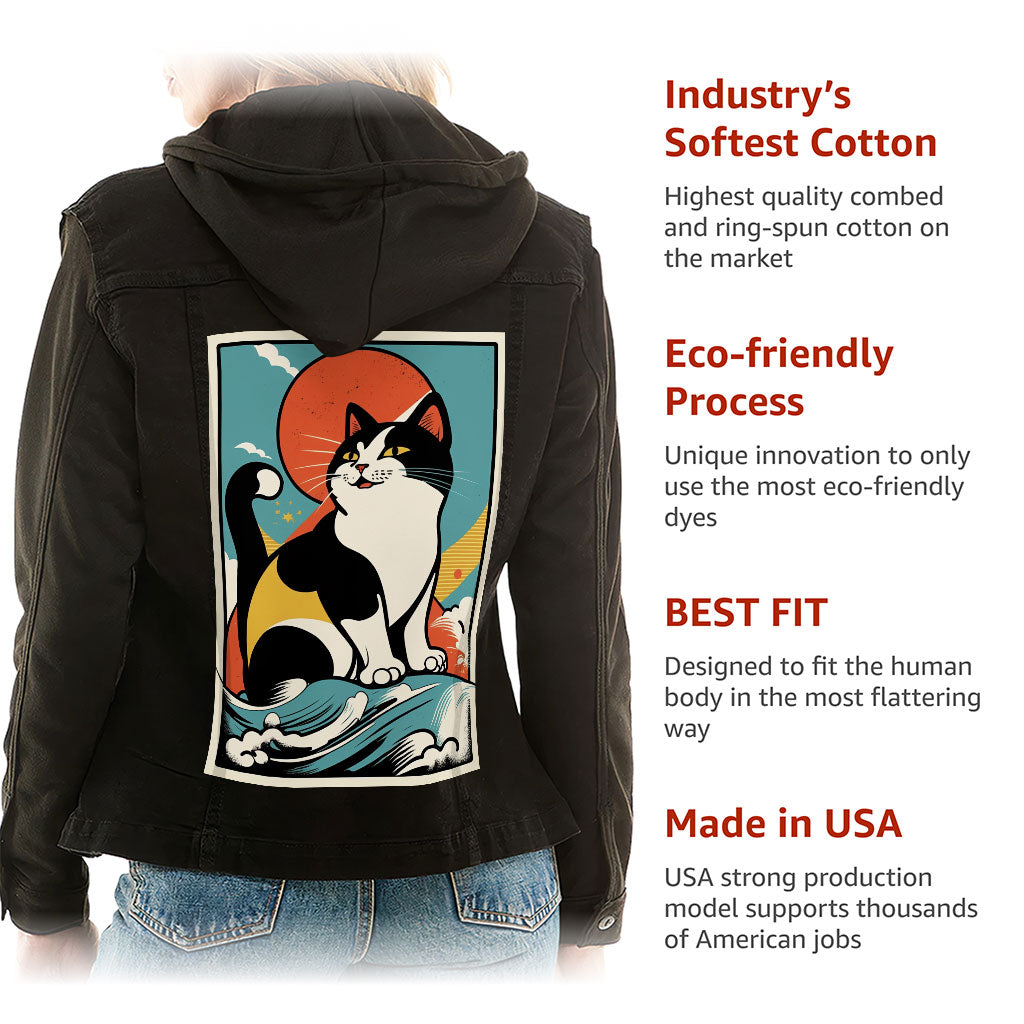 Happy Cat Ladies' Denim Jacket with Fleece Hoodie - Cartoon Women's Denim Jacket - Cute Denim Jacket