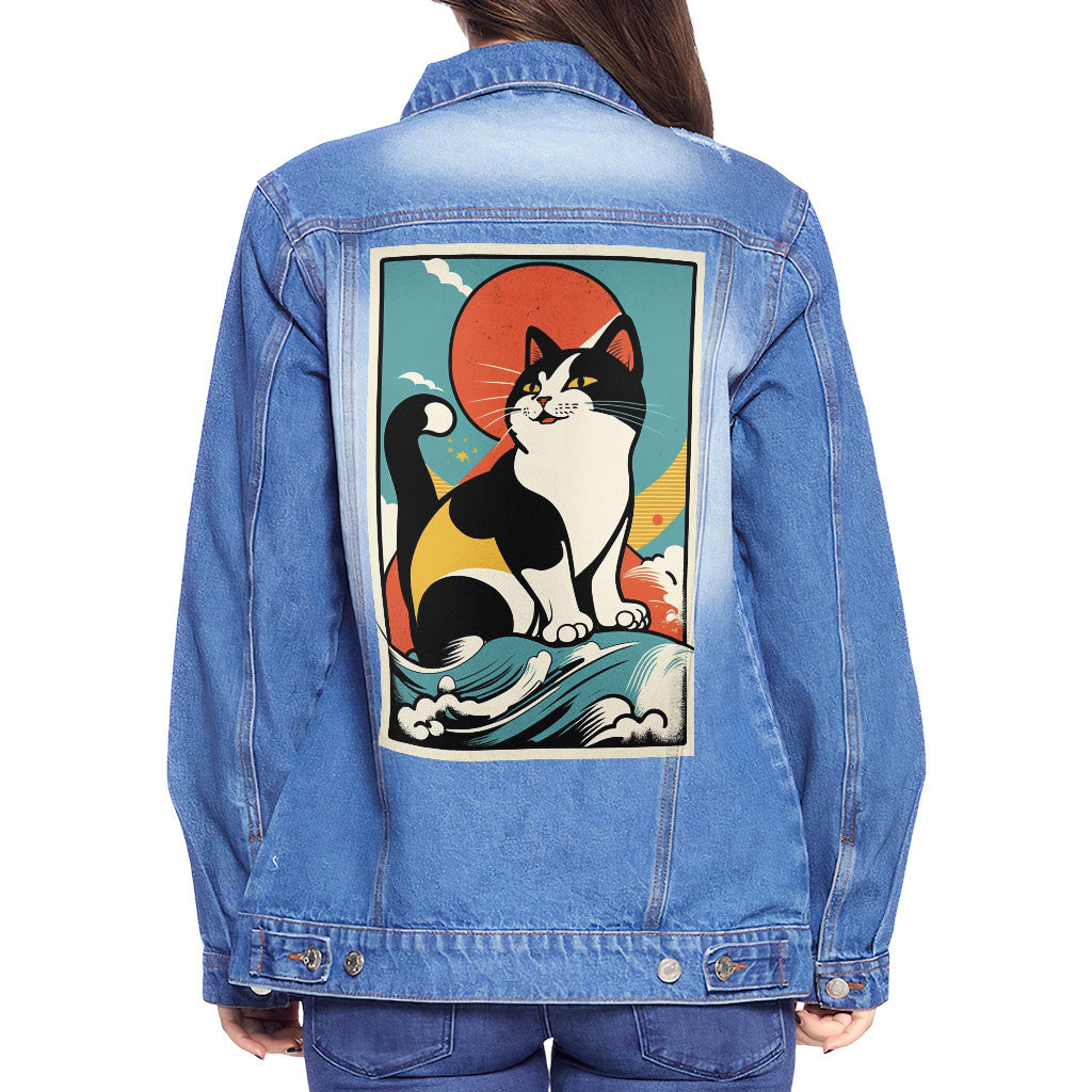 Happy Cat Women's Casual Denim Jacket - Cartoon Ladies Denim Jacket - Cute Denim Jacket