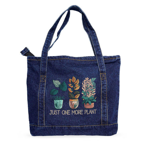 Just One More Plant Denim Tote Bag - Funny Shopping Bag - Illustration Tote Bag