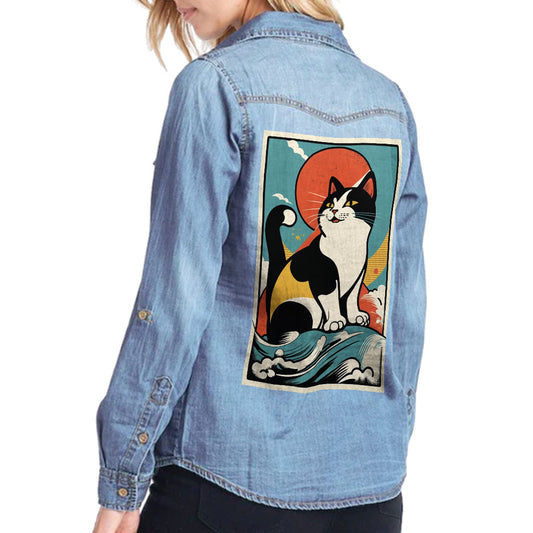 Happy Cat Women's Long Sleeve Denim Shirt - Cartoon Ladies Denim Shirt - Cute Denim Shirt