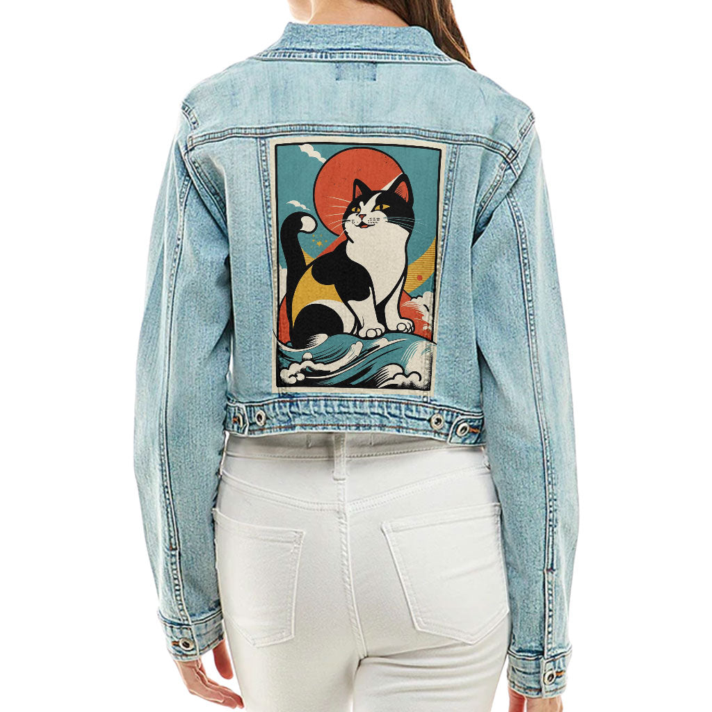 Happy Cat Cropped Ladies' Denim Jacket - Cartoon Women's Denim Jacket - Cute Denim Jacket