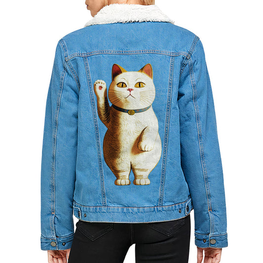 Japanese Cat Women's Sherpa Denim Jacket - Cute Kawaii Ladies Denim Jacket - Unique Denim Jacket