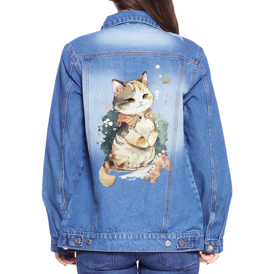 Kawaii Cat Women's Casual Denim Jacket - Japanese Ladies Denim Jacket - Printed Denim Jacket