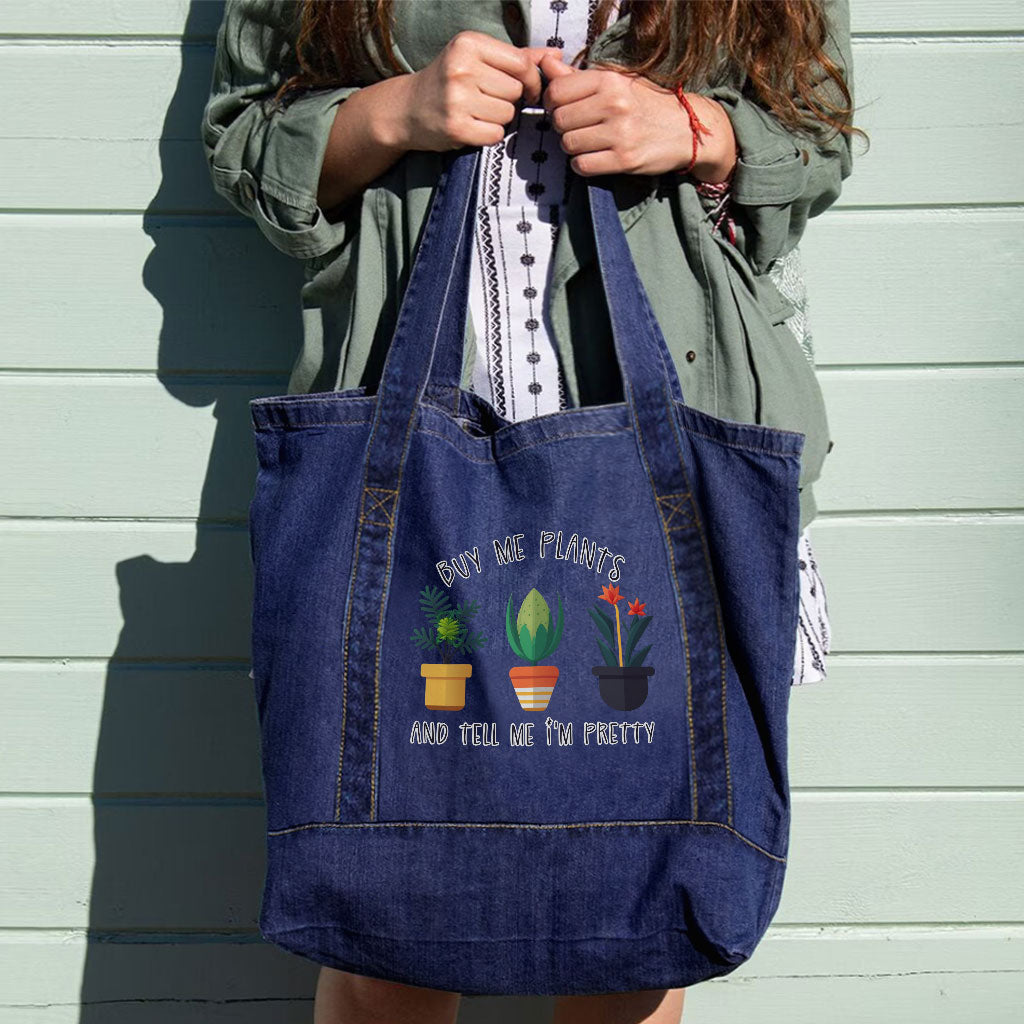 Plant Design Denim Tote Bag - Funny Quote Shopping Bag - Graphic Tote Bag