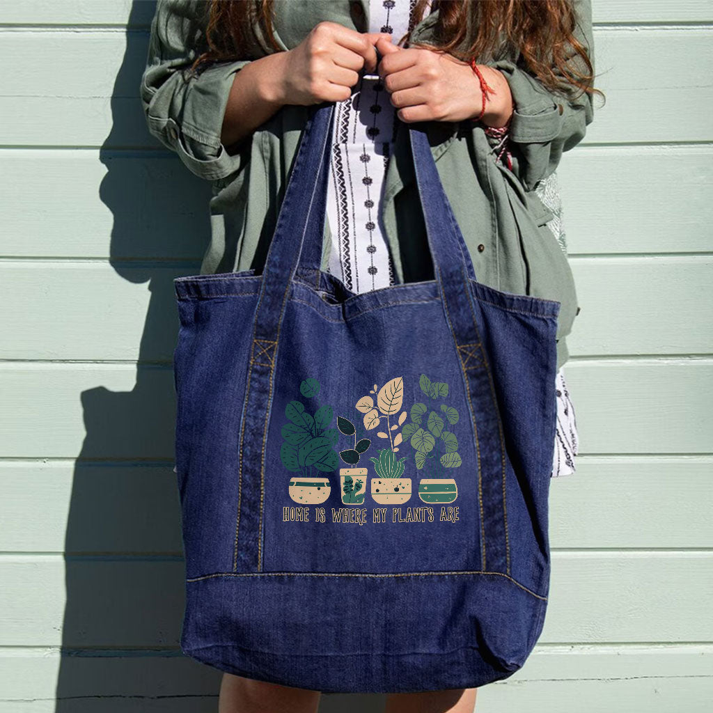 Plant Illustration Denim Tote Bag - Quote Shopping Bag - Graphic Art Tote Bag