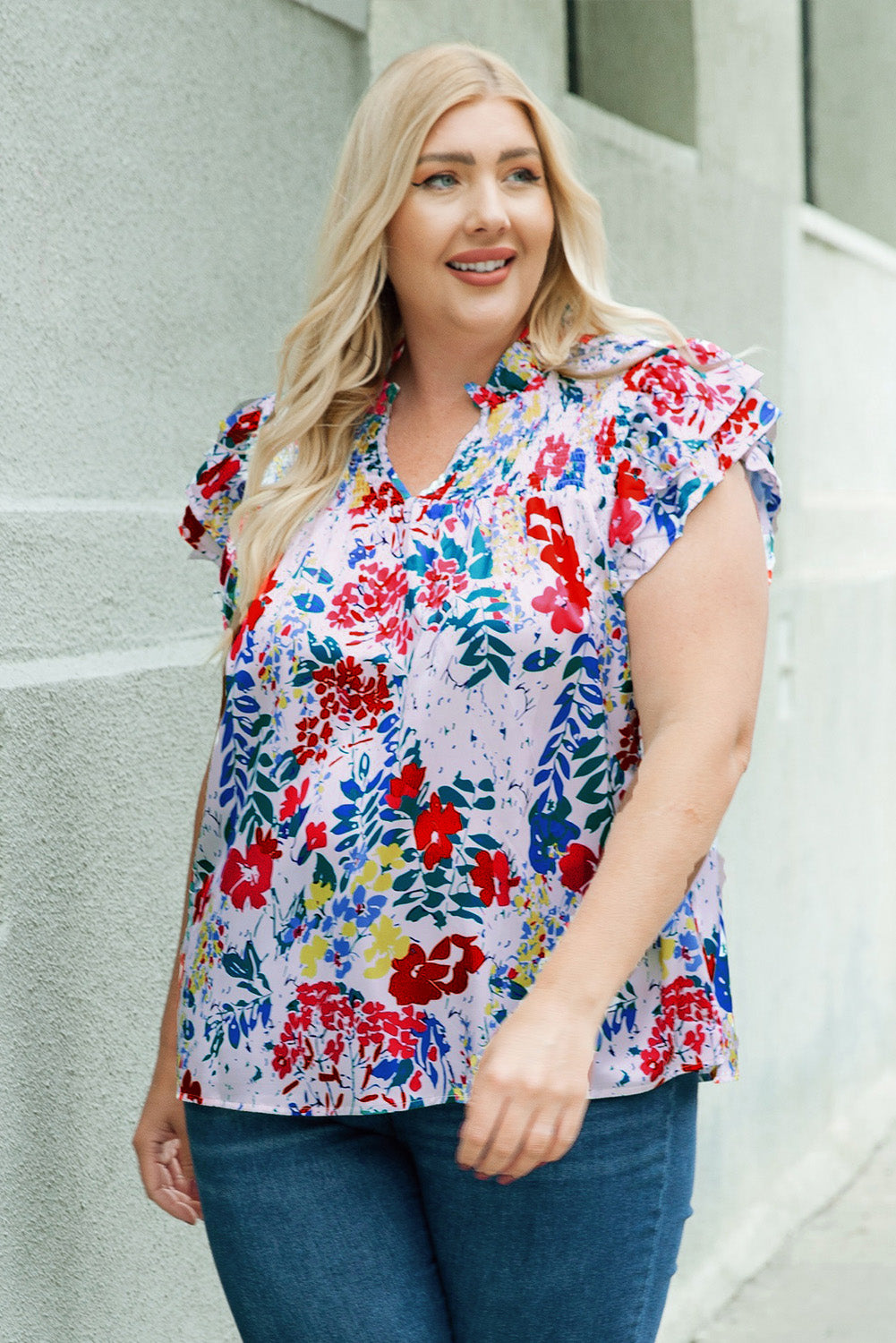 Plus Size Floral Smocked Flutter Sleeve Blouse