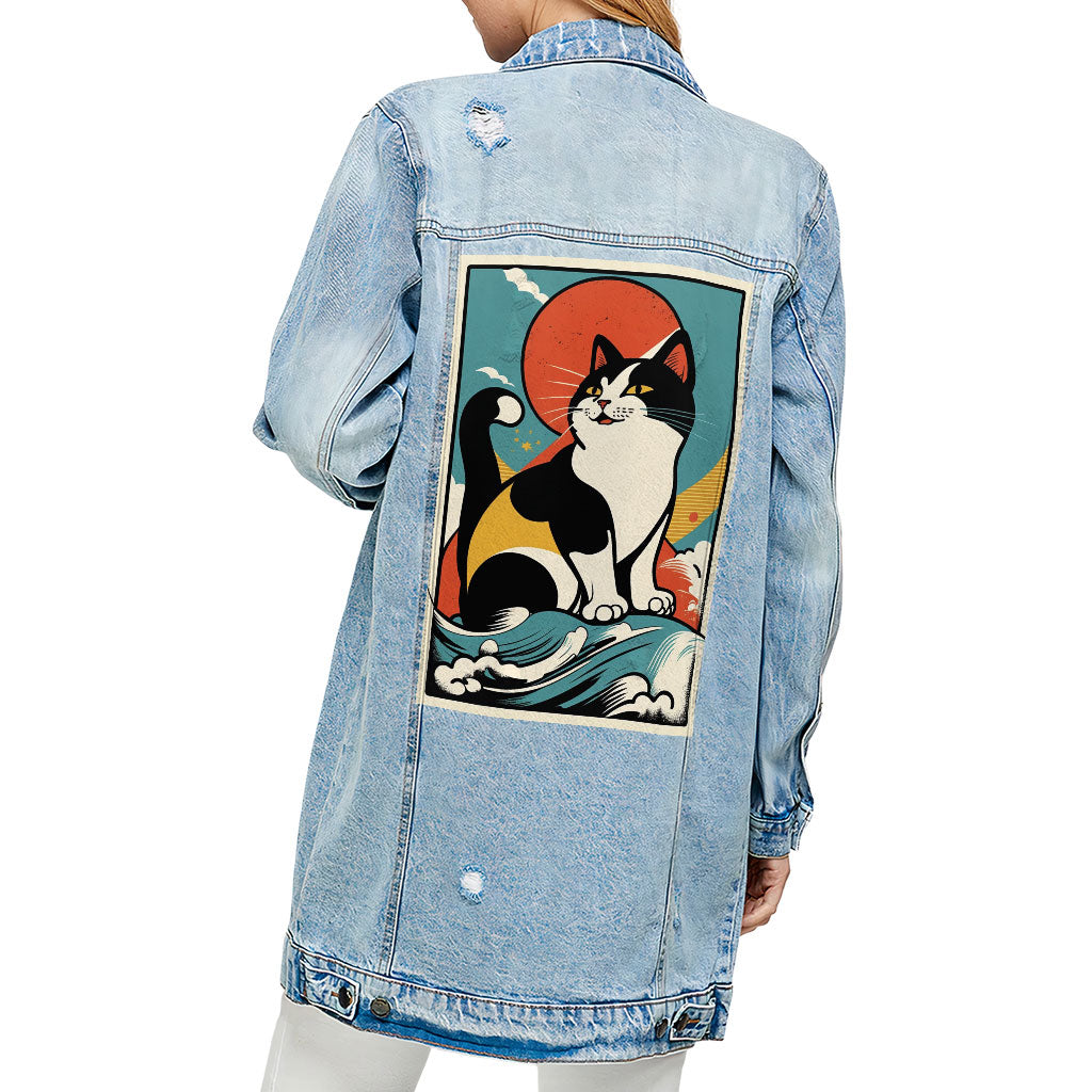 Happy Cat Ladies' Denim Jacket - Cartoon Women's Denim Jacket - Cute Denim Jacket