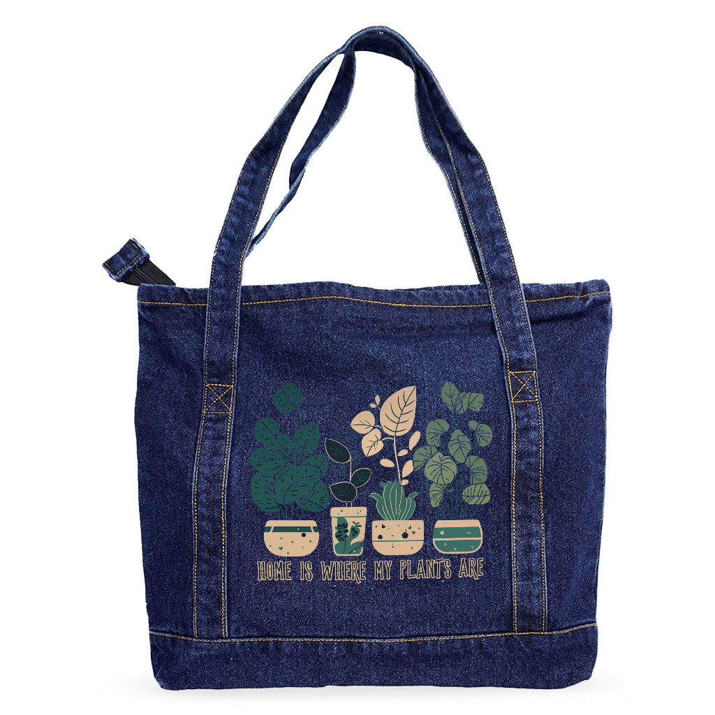 Plant Illustration Denim Tote Bag - Quote Shopping Bag - Graphic Art Tote Bag