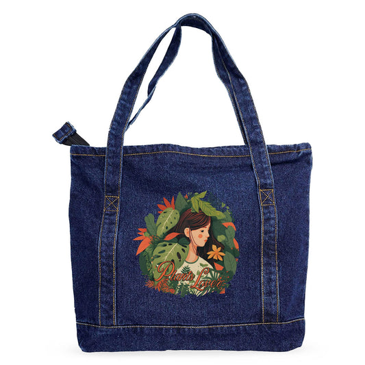 Plant Lover Denim Tote Bag - Botanical Shopping Bag - Themed Tote Bag