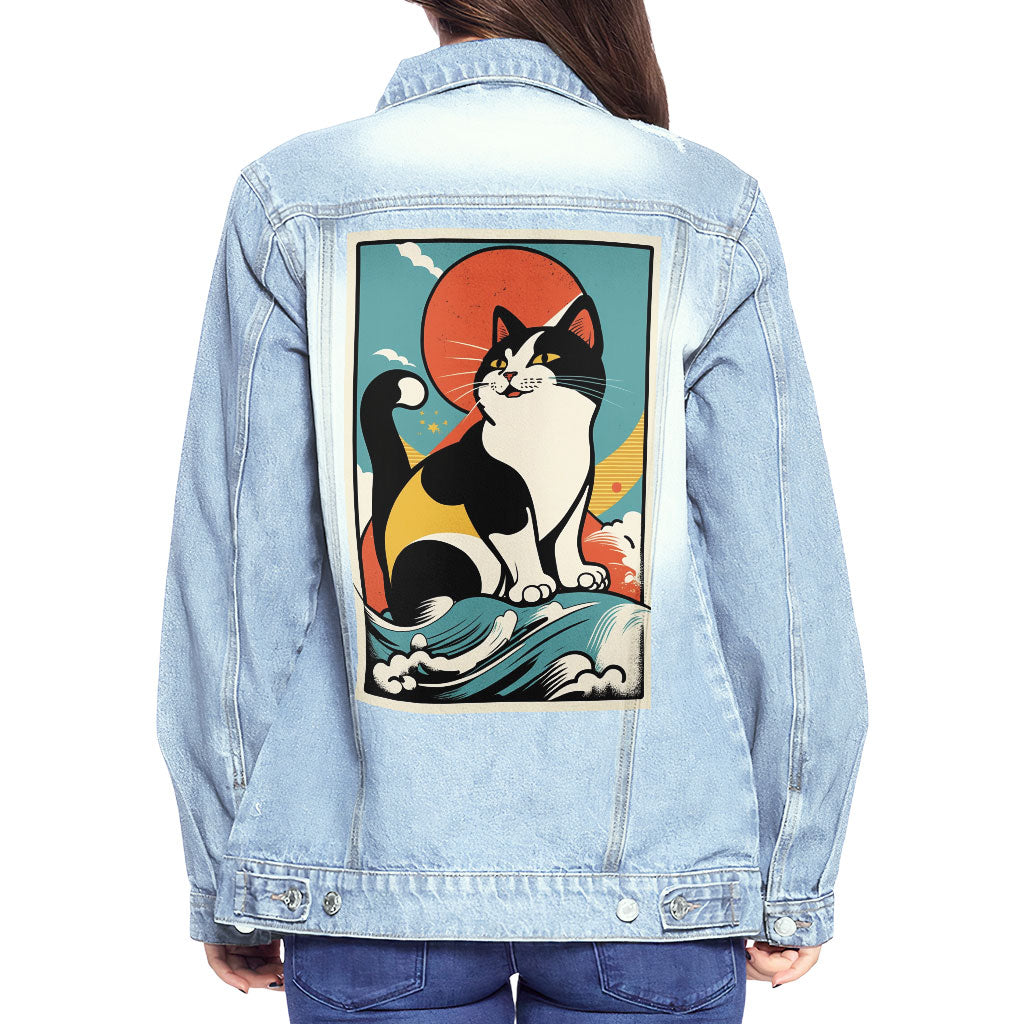 Happy Cat Women's Casual Denim Jacket - Cartoon Ladies Denim Jacket - Cute Denim Jacket