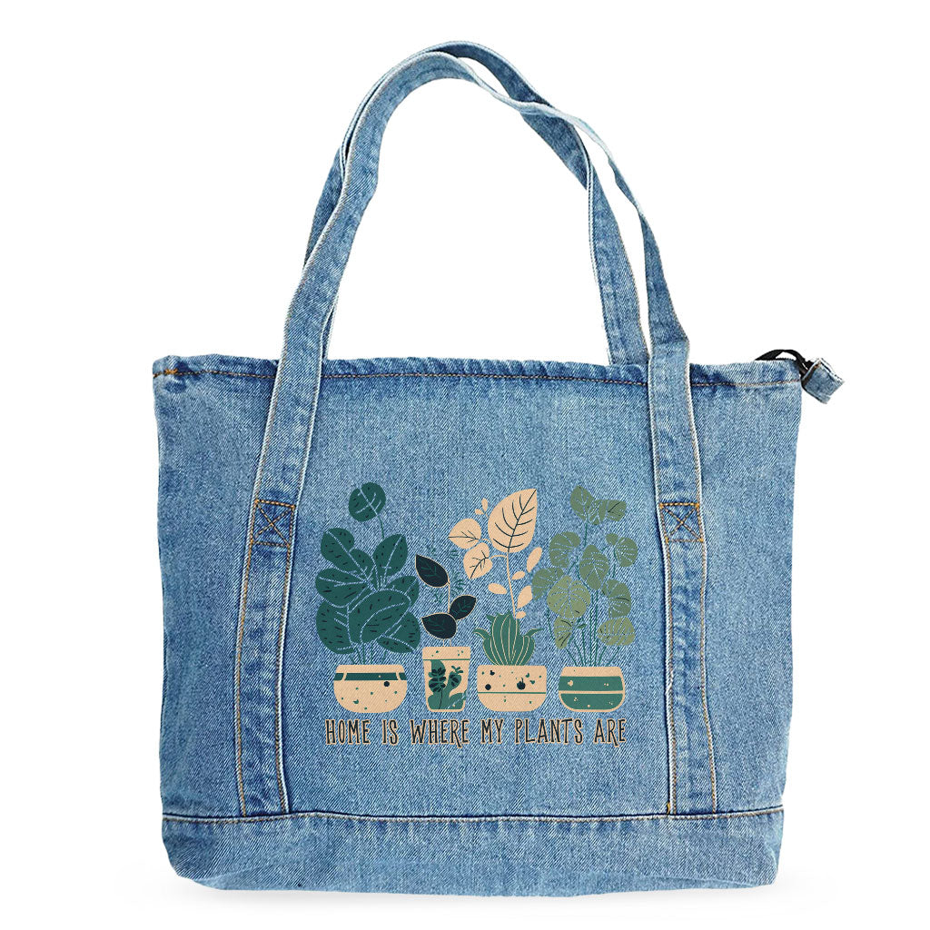 Plant Illustration Denim Tote Bag - Quote Shopping Bag - Graphic Art Tote Bag