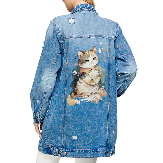 Kawaii Cat Ladies' Denim Jacket - Japanese Women's Denim Jacket - Printed Denim Jacket