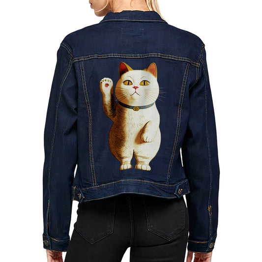 Japanese Cat Women's Denim Jacket - Cute Kawaii Ladies Denim Jacket - Unique Denim Jacket