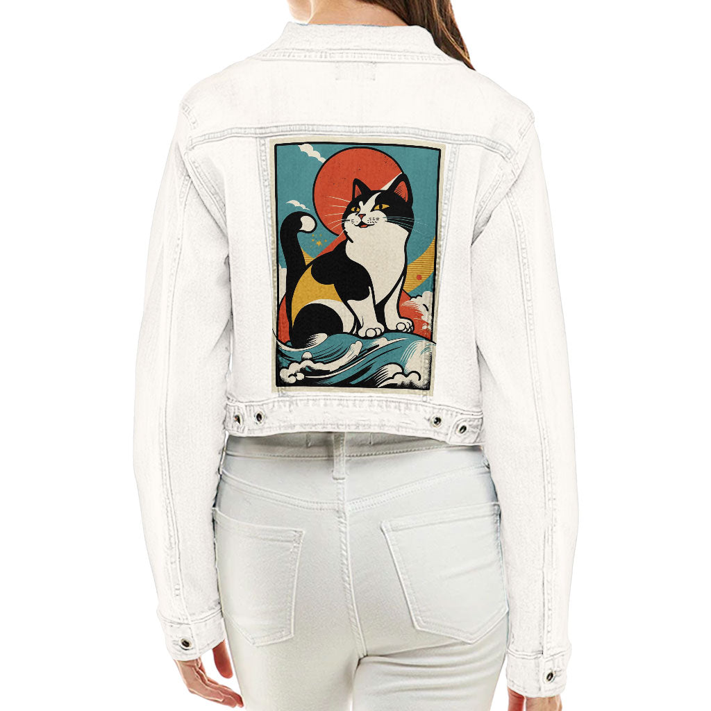 Happy Cat Cropped Ladies' Denim Jacket - Cartoon Women's Denim Jacket - Cute Denim Jacket