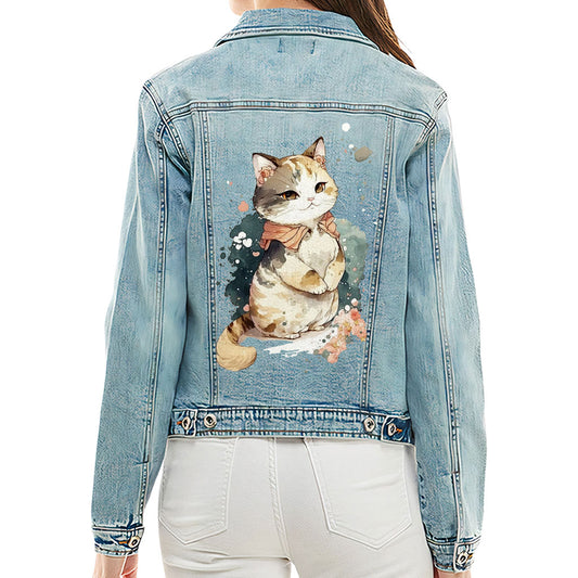 Kawaii Cat Ladies' Casual Denim Jacket - Japanese Women's Denim Jacket - Printed Denim Jacket