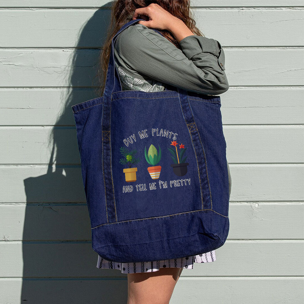 Plant Design Denim Tote Bag - Funny Quote Shopping Bag - Graphic Tote Bag