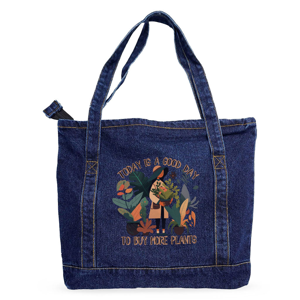 Plant Themed Denim Tote Bag - Floral Shopping Bag - Cool Tote Bag