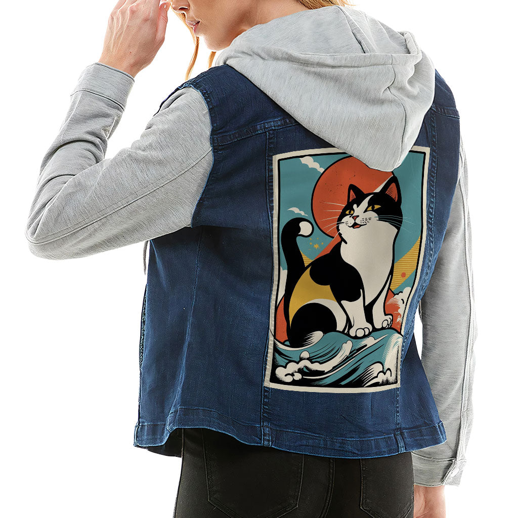 Happy Cat Ladies' Denim Jacket with Fleece Hoodie - Cartoon Women's Denim Jacket - Cute Denim Jacket