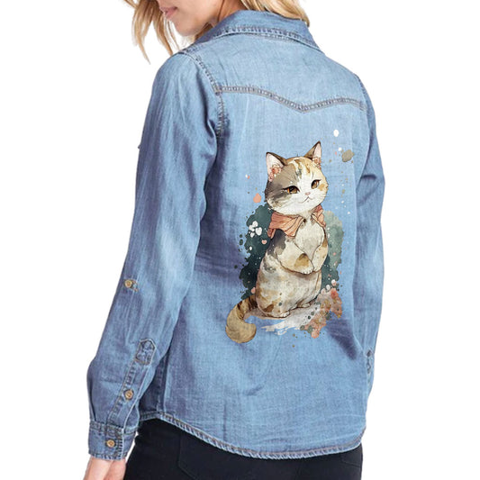 Kawaii Cat Women's Long Sleeve Denim Shirt - Japanese Ladies Denim Shirt - Printed Denim Shirt