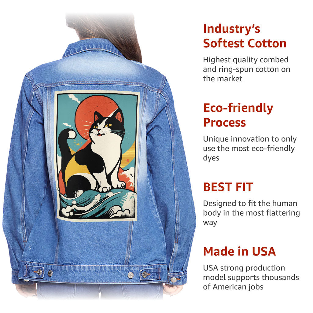 Happy Cat Women's Casual Denim Jacket - Cartoon Ladies Denim Jacket - Cute Denim Jacket