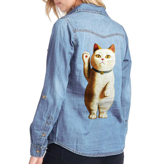 Japanese Cat Women's Long Sleeve Denim Shirt - Cute Kawaii Ladies Denim Shirt - Unique Denim Shirt