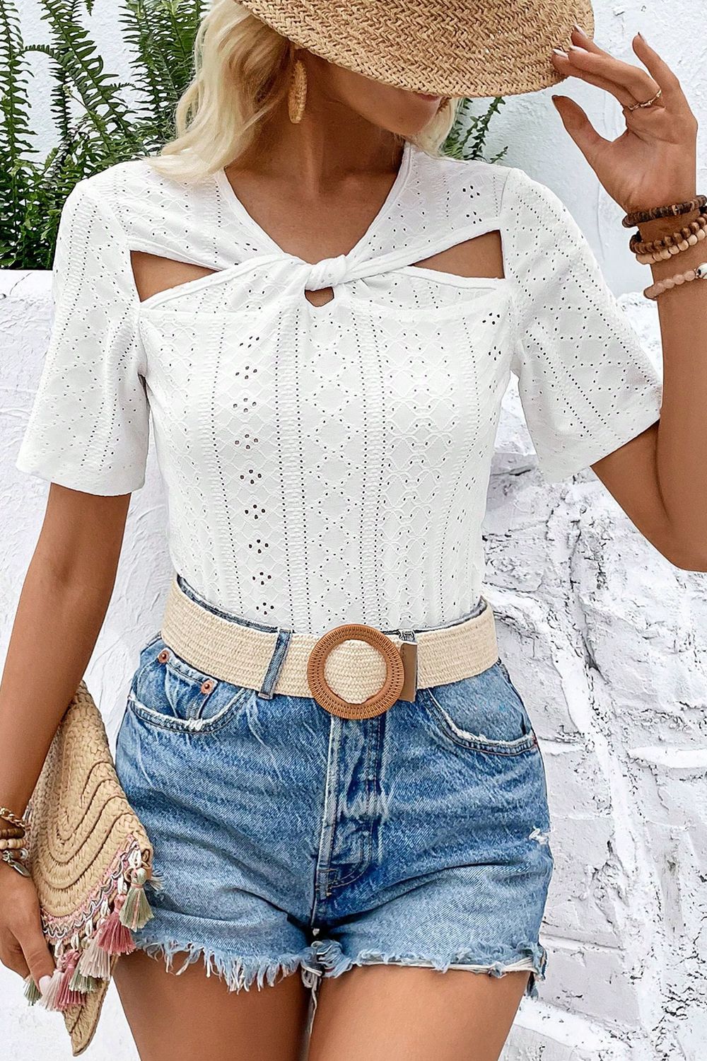 Twisted Front Short Sleeve Eyelet Blouse