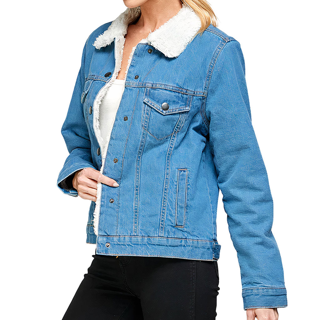 Happy Cat Women's Sherpa Denim Jacket - Cartoon Ladies Denim Jacket - Cute Denim Jacket