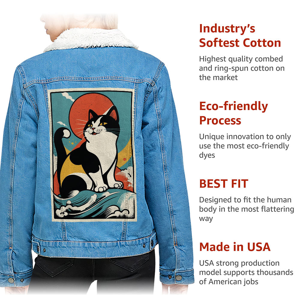 Happy Cat Women's Sherpa Denim Jacket - Cartoon Ladies Denim Jacket - Cute Denim Jacket