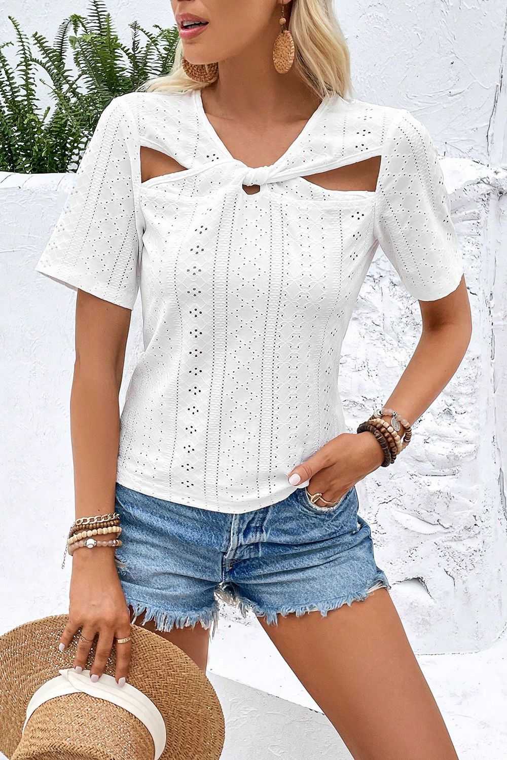 Twisted Front Short Sleeve Eyelet Blouse