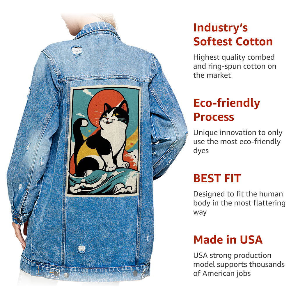 Happy Cat Ladies' Denim Jacket - Cartoon Women's Denim Jacket - Cute Denim Jacket