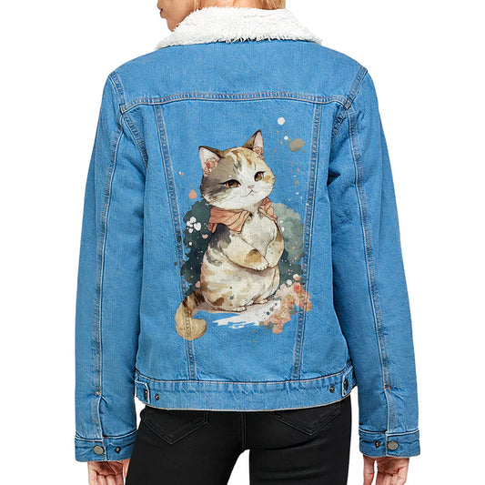 Kawaii Cat Women's Sherpa Denim Jacket - Japanese Ladies Denim Jacket - Printed Denim Jacket