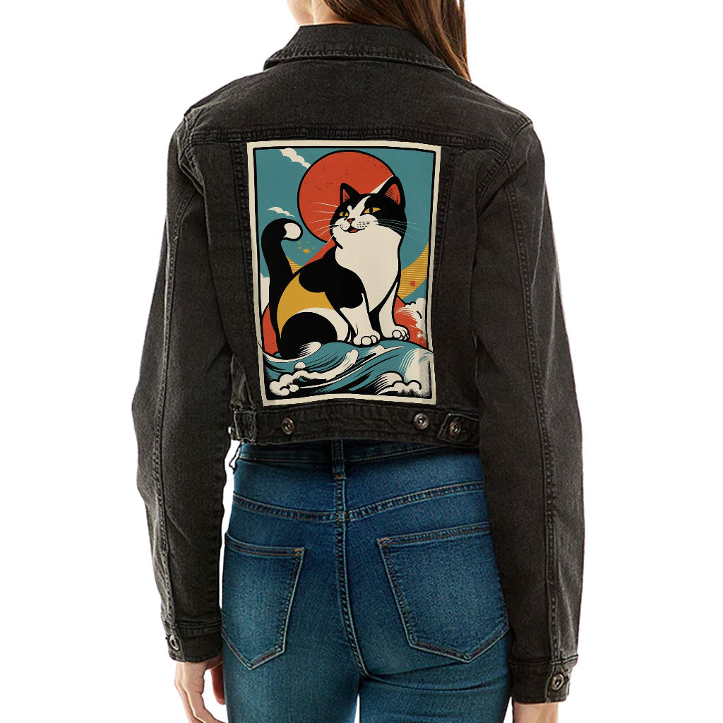 Happy Cat Cropped Ladies' Denim Jacket - Cartoon Women's Denim Jacket - Cute Denim Jacket