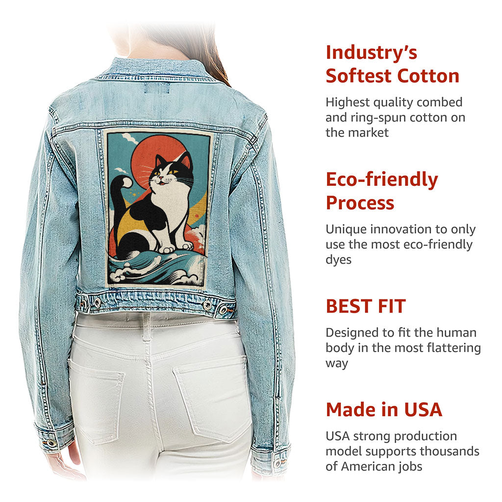 Happy Cat Cropped Ladies' Denim Jacket - Cartoon Women's Denim Jacket - Cute Denim Jacket