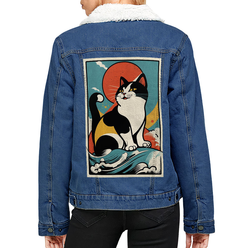 Happy Cat Women's Sherpa Denim Jacket - Cartoon Ladies Denim Jacket - Cute Denim Jacket