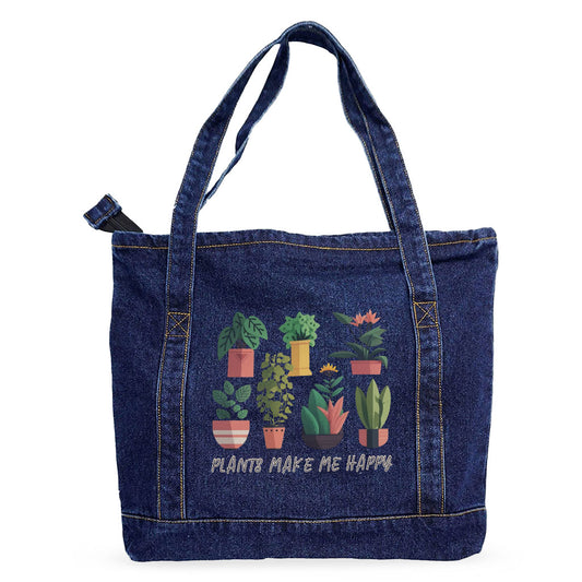 Plant Graphic Denim Tote Bag - Cute Art Shopping Bag - Cool Design Tote Bag