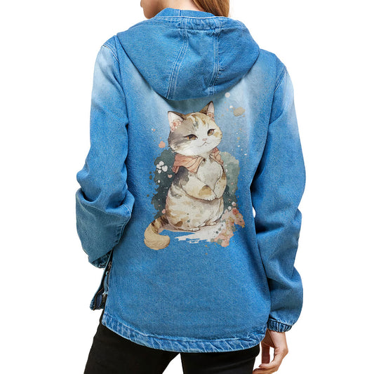 Kawaii Cat Women's Denim Jacket with Hoodie - Japanese Ladies Denim Jacket - Printed Denim Jacket