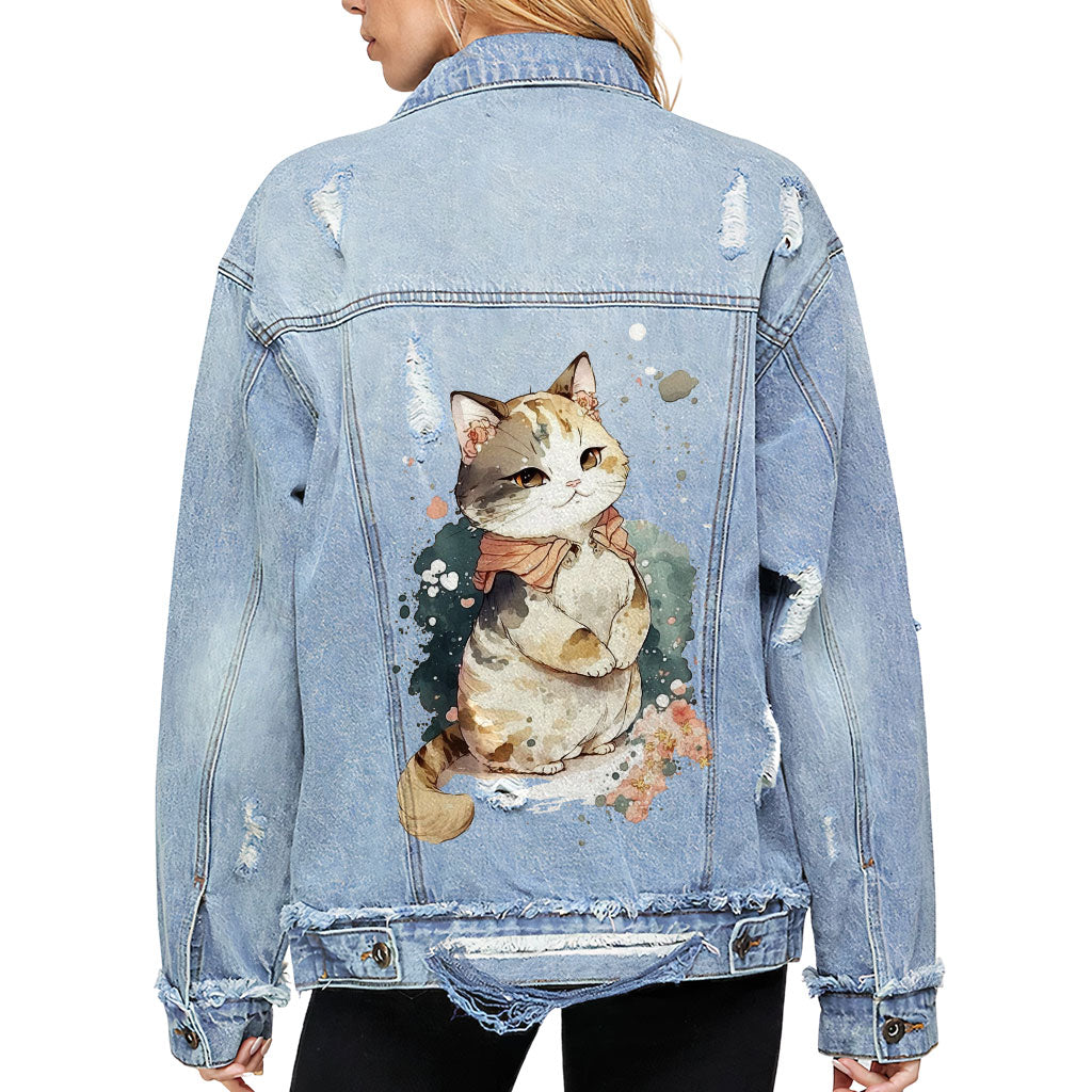 Kawaii Cat Women's Oversized Denim Jacket - Japanese Ladies Denim Jacket - Printed Denim Jacket