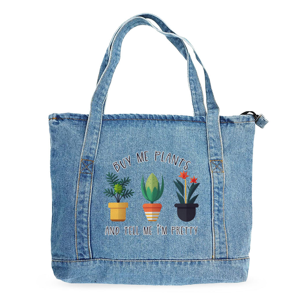 Plant Design Denim Tote Bag - Funny Quote Shopping Bag - Graphic Tote Bag