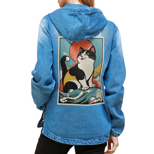 Happy Cat Women's Denim Jacket with Hoodie - Cartoon Ladies Denim Jacket - Cute Denim Jacket