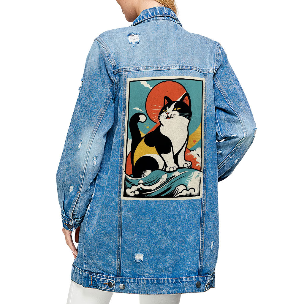 Happy Cat Ladies' Denim Jacket - Cartoon Women's Denim Jacket - Cute Denim Jacket