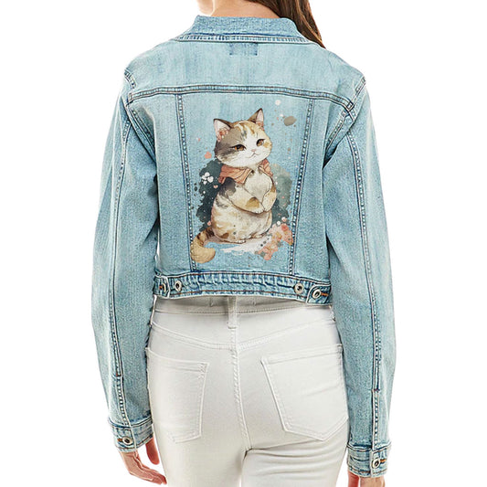 Kawaii Cat Cropped Ladies' Denim Jacket - Japanese Women's Denim Jacket - Printed Denim Jacket