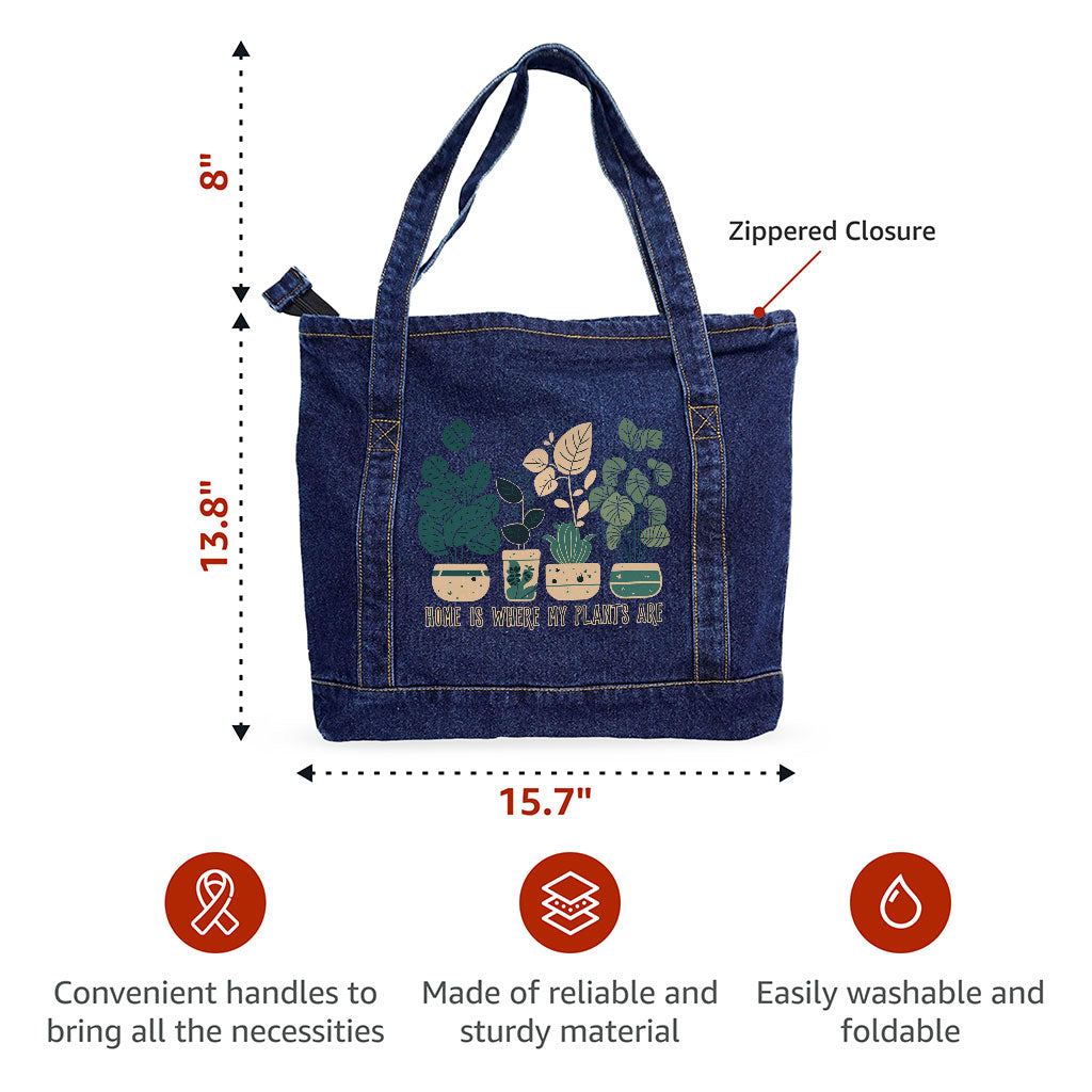 Plant Illustration Denim Tote Bag - Quote Shopping Bag - Graphic Art Tote Bag