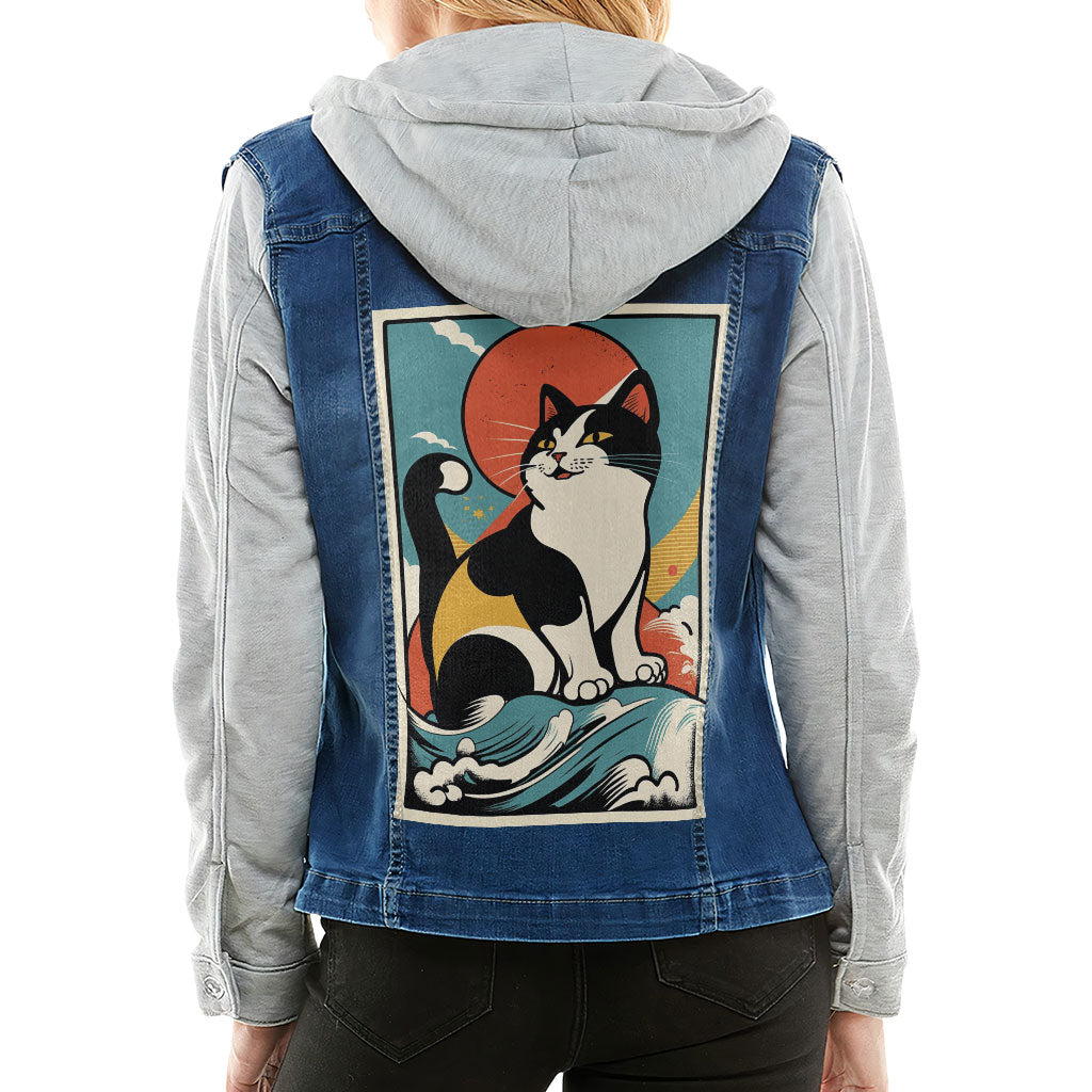 Happy Cat Ladies' Denim Jacket with Fleece Hoodie - Cartoon Women's Denim Jacket - Cute Denim Jacket