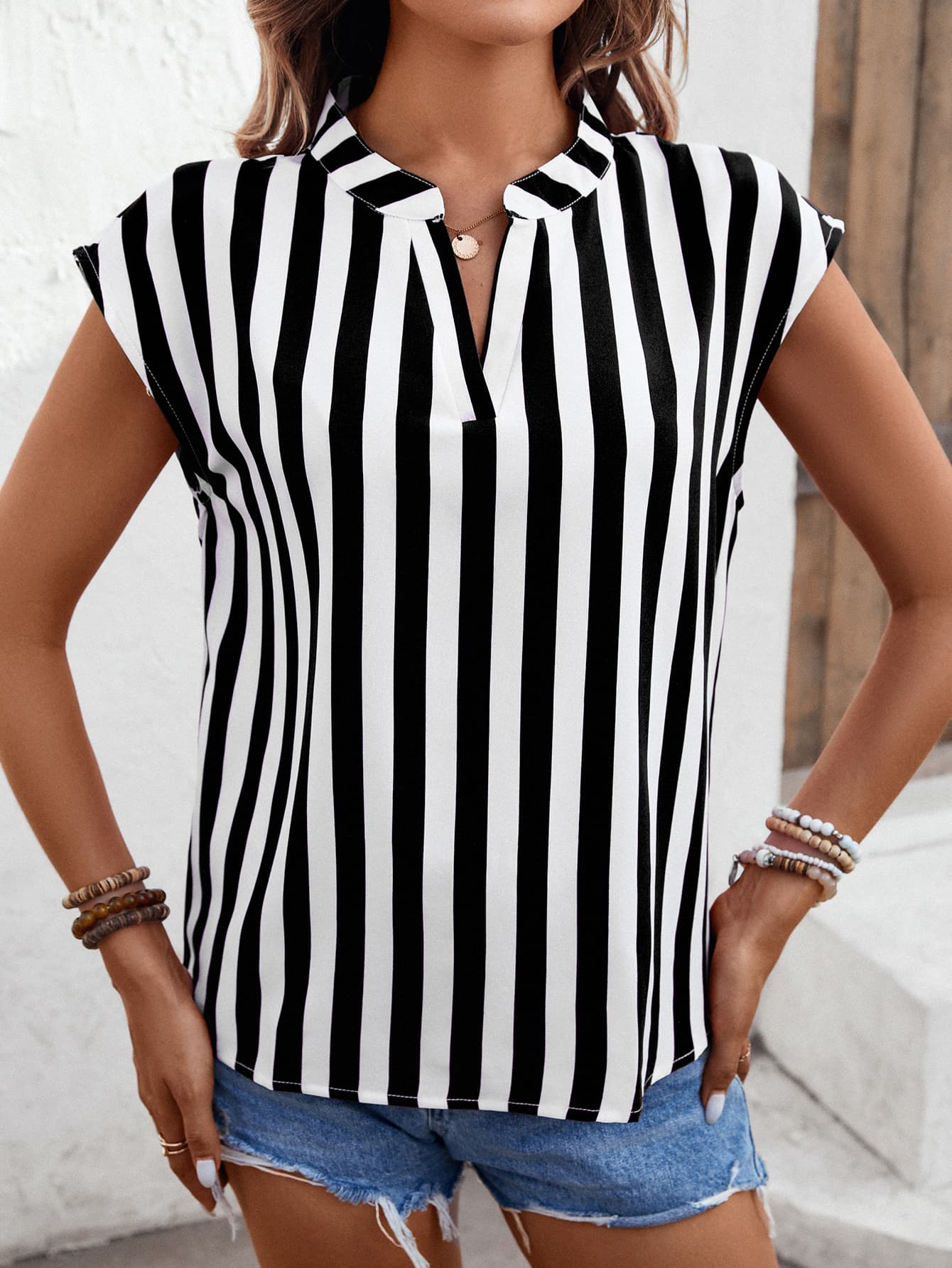 Striped Notched Neck Cap Sleeve Blouse