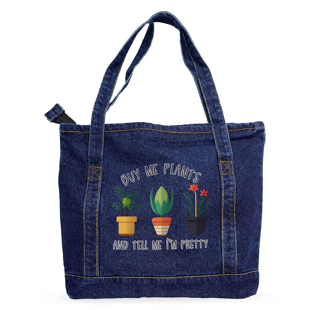 Plant Design Denim Tote Bag - Funny Quote Shopping Bag - Graphic Tote Bag