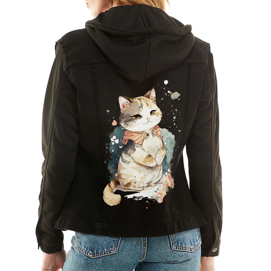 Kawaii Cat Ladies' Denim Jacket with Fleece Hoodie - Japanese Women's Denim Jacket - Printed Denim Jacket