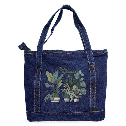 Plant Print Denim Tote Bag - Inspirational Shopping Bag - Cool Art Tote Bag