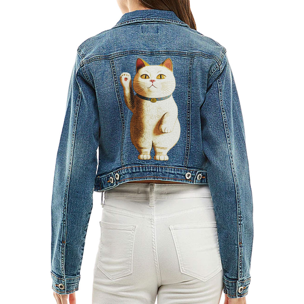 Japanese Cat Cropped Ladies' Denim Jacket - Cute Kawaii Women's Denim Jacket - Unique Denim Jacket